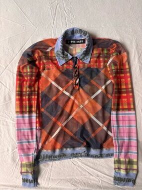 Ottolinger Plaid Mesh Long Sleeve Polo Top in Orange and Pink